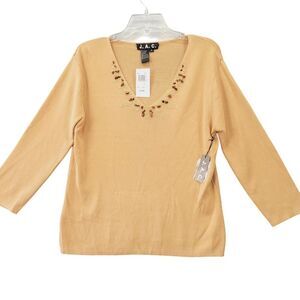 JAC Brown Camel Shirt Dressy Beaded V-Neck Knit 3/4 Sleeves Women Size S NEW $44